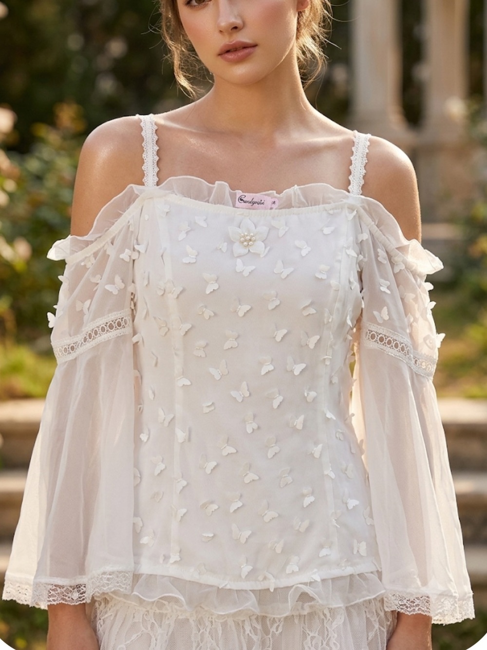 Candy Rain White 3D Butterfly Cold Shoulder Blouse Top Lace Trim XL NWT